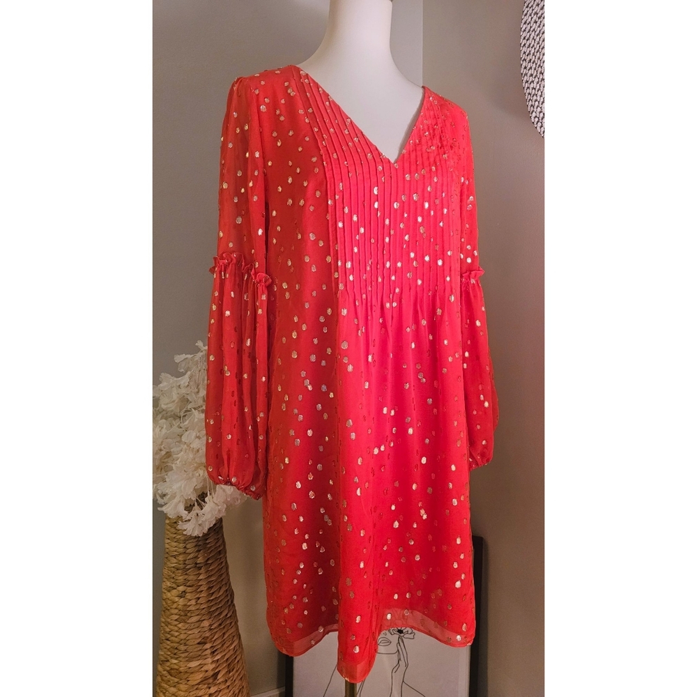 Lilly Pulitzer Red Gold Metallic Sparkling  Long Sleeves Cleme Silk Flaunt Dress